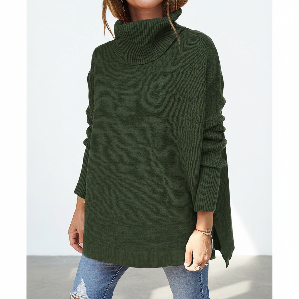 Women's roll neck sweater, oversized knit with ribbed sleeves and side splits, 9 colors, sizes S to 2XL