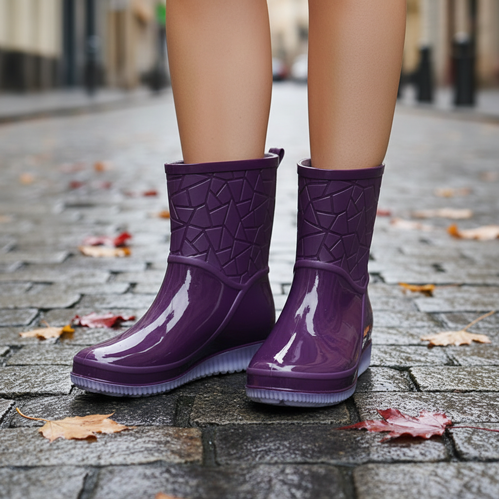 Women's short wellies, mid-calf waterproof rain boots with non-slip sole, glossy rubber boots with optional warm lining,
