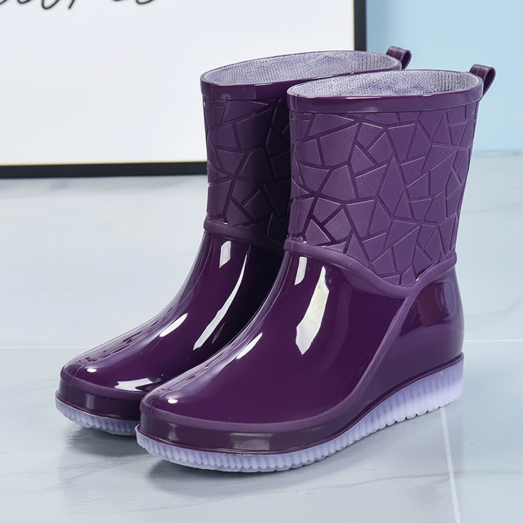 Women's short wellies, mid-calf waterproof rain boots with non-slip sole, glossy rubber boots with optional warm lining,