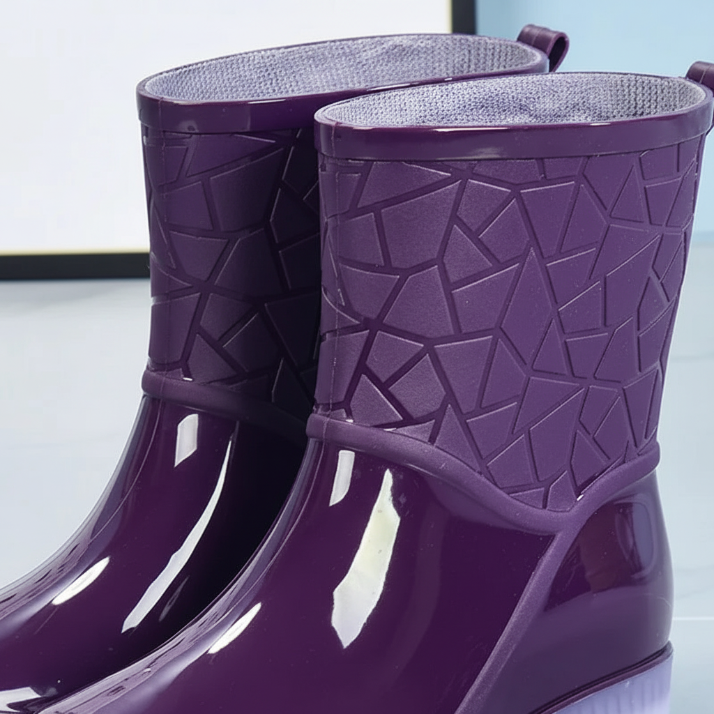 Women's short wellies, mid-calf waterproof rain boots with non-slip sole, glossy rubber boots with optional warm lining,