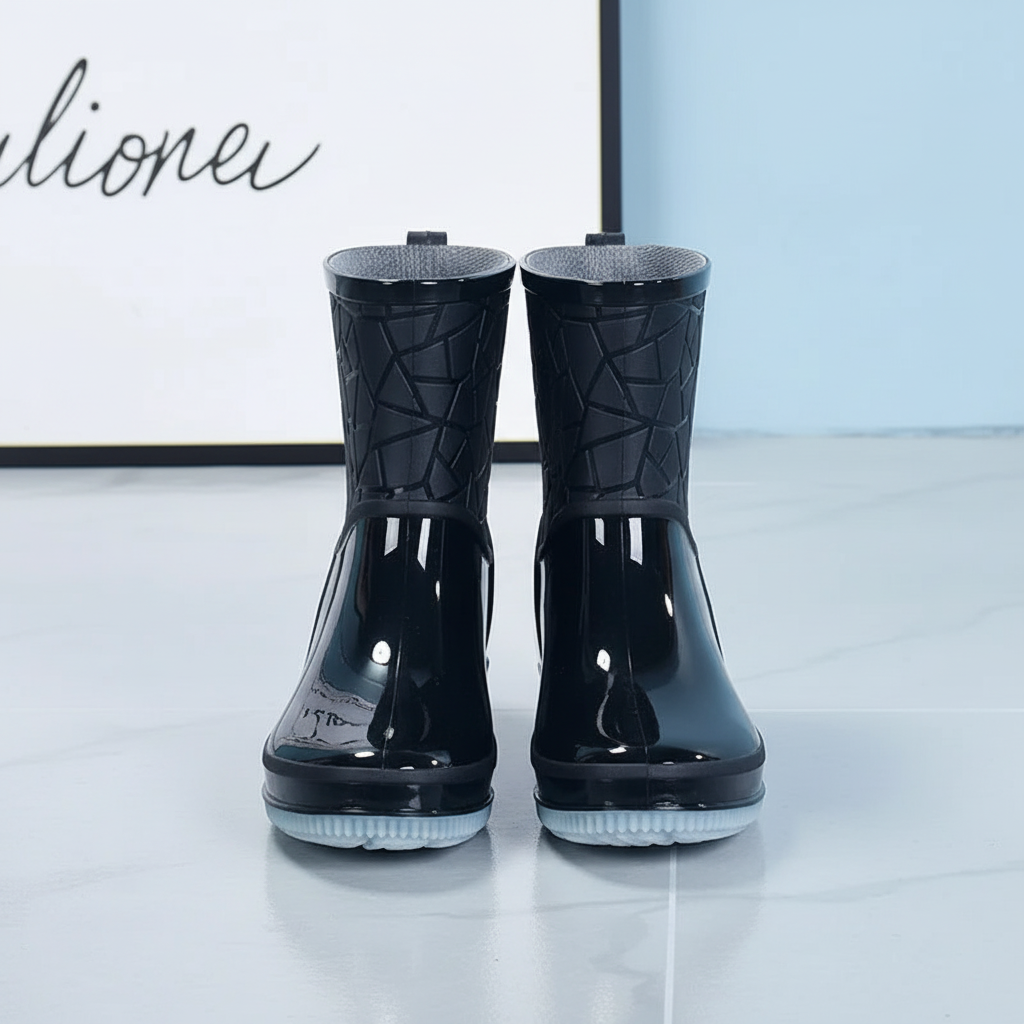 Women's short wellies, mid-calf waterproof rain boots with non-slip sole, glossy rubber boots with optional warm lining,
