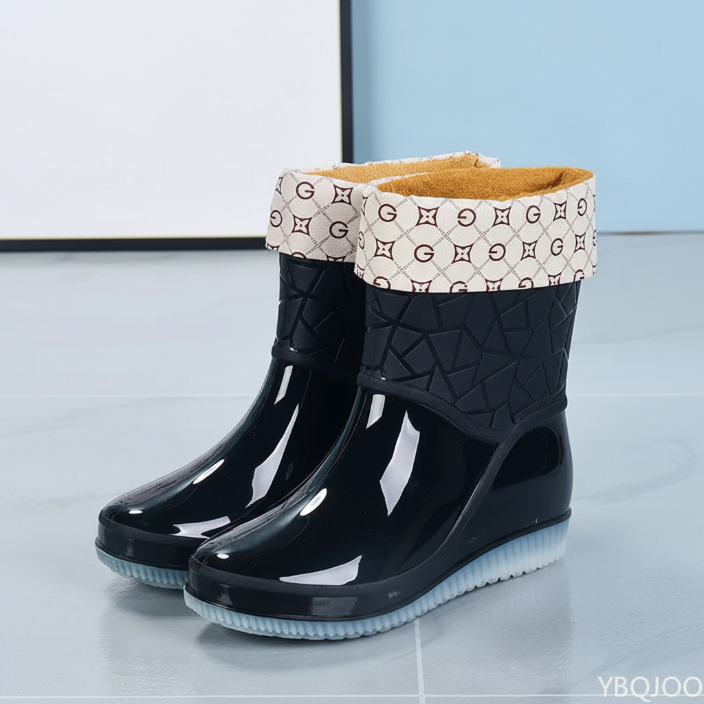 Women's short wellies, mid-calf waterproof rain boots with non-slip sole, glossy rubber boots with optional warm lining,