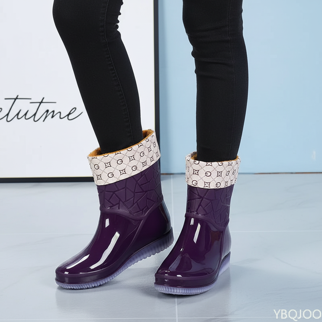 Women's short wellies, mid-calf waterproof rain boots with non-slip sole, glossy rubber boots with optional warm lining,