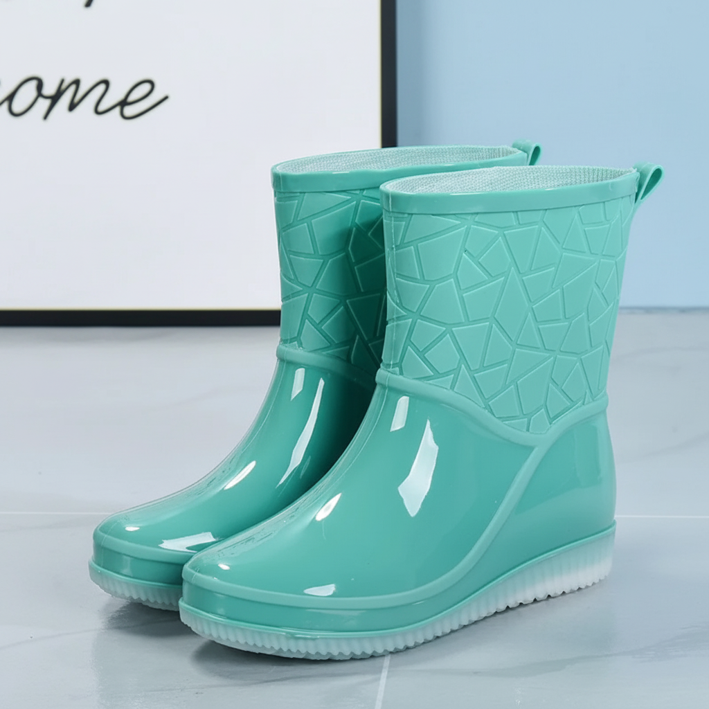 Women's short wellies, mid-calf waterproof rain boots with non-slip sole, glossy rubber boots with optional warm lining,