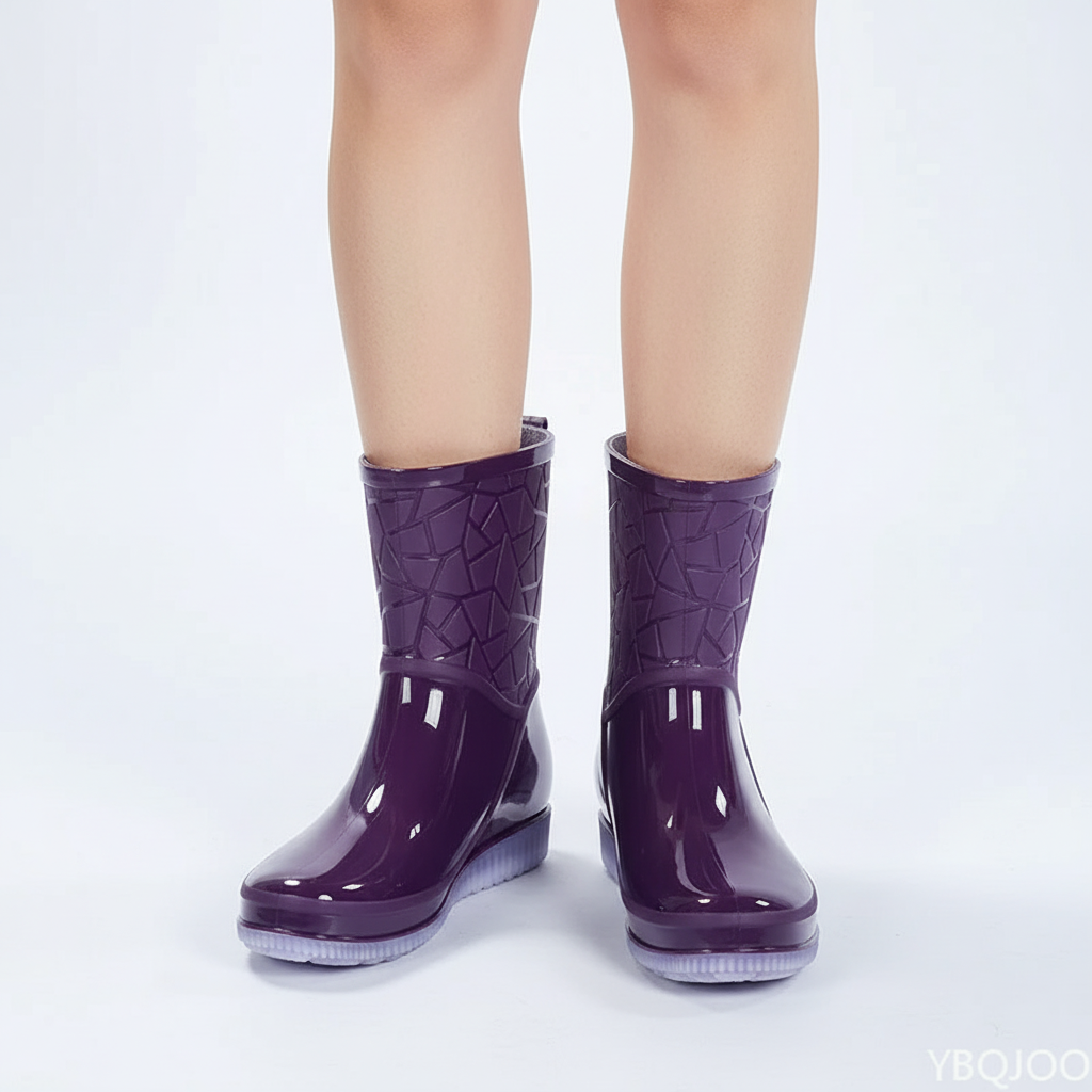Women's short wellies, mid-calf waterproof rain boots with non-slip sole, glossy rubber boots with optional warm lining,