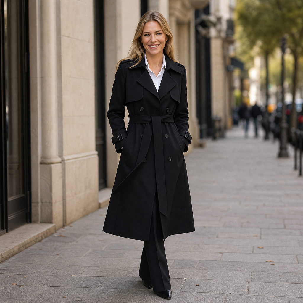 Women's trench coat, long double-breasted cut with belt, wide lapels, epaulettes and buckled cuffs, for office and weeke