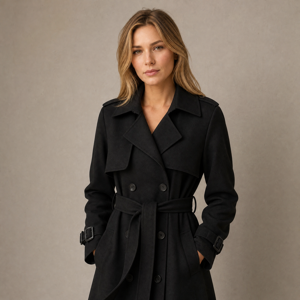 Women's trench coat, long double-breasted cut with belt, wide lapels, epaulettes and buckled cuffs, for office and weeke
