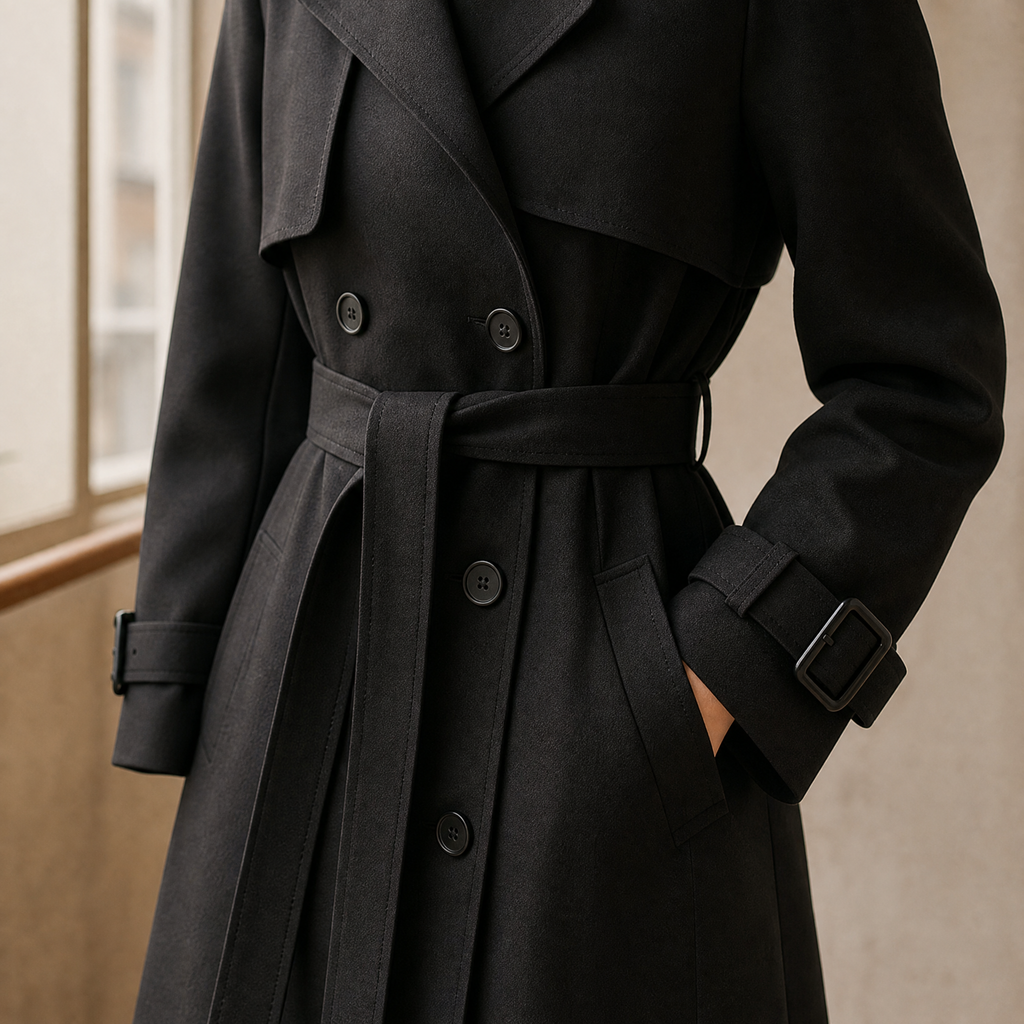 Women's trench coat, long double-breasted cut with belt, wide lapels, epaulettes and buckled cuffs, for office and weeke