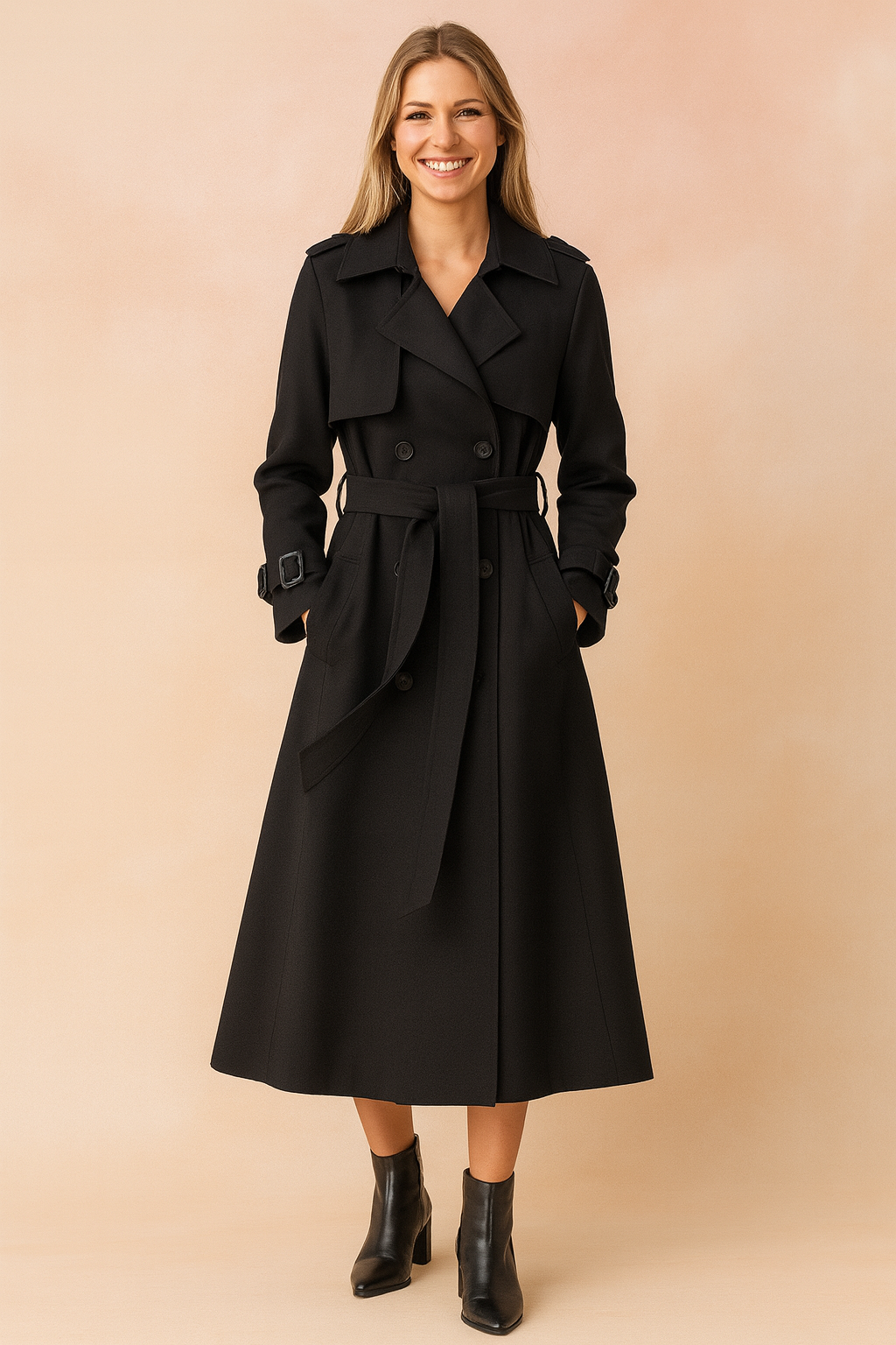 Women's trench coat, long double-breasted cut with belt, wide lapels, epaulettes and buckled cuffs, for office and weeke