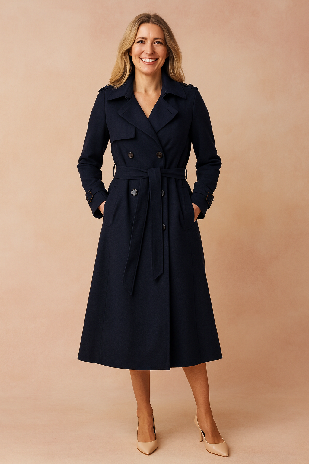 Women's trench coat, long double-breasted cut with belt, wide lapels, epaulettes and buckled cuffs, for office and weeke