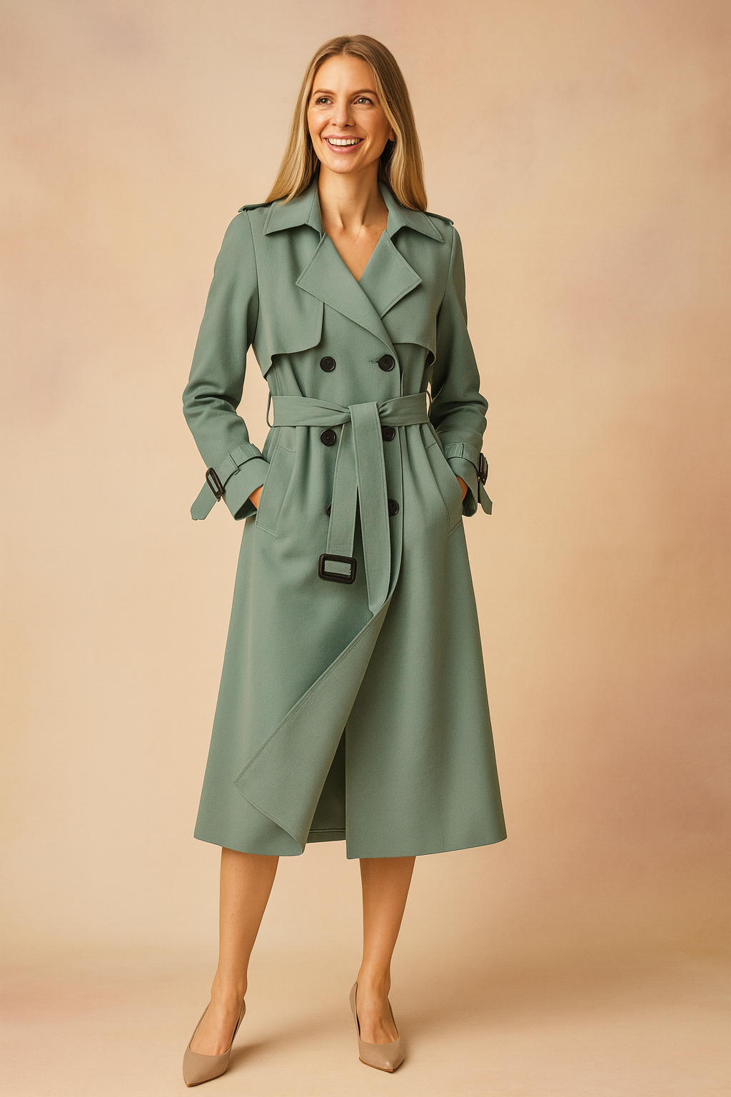 Women's trench coat, long double-breasted cut with belt, wide lapels, epaulettes and buckled cuffs, for office and weeke