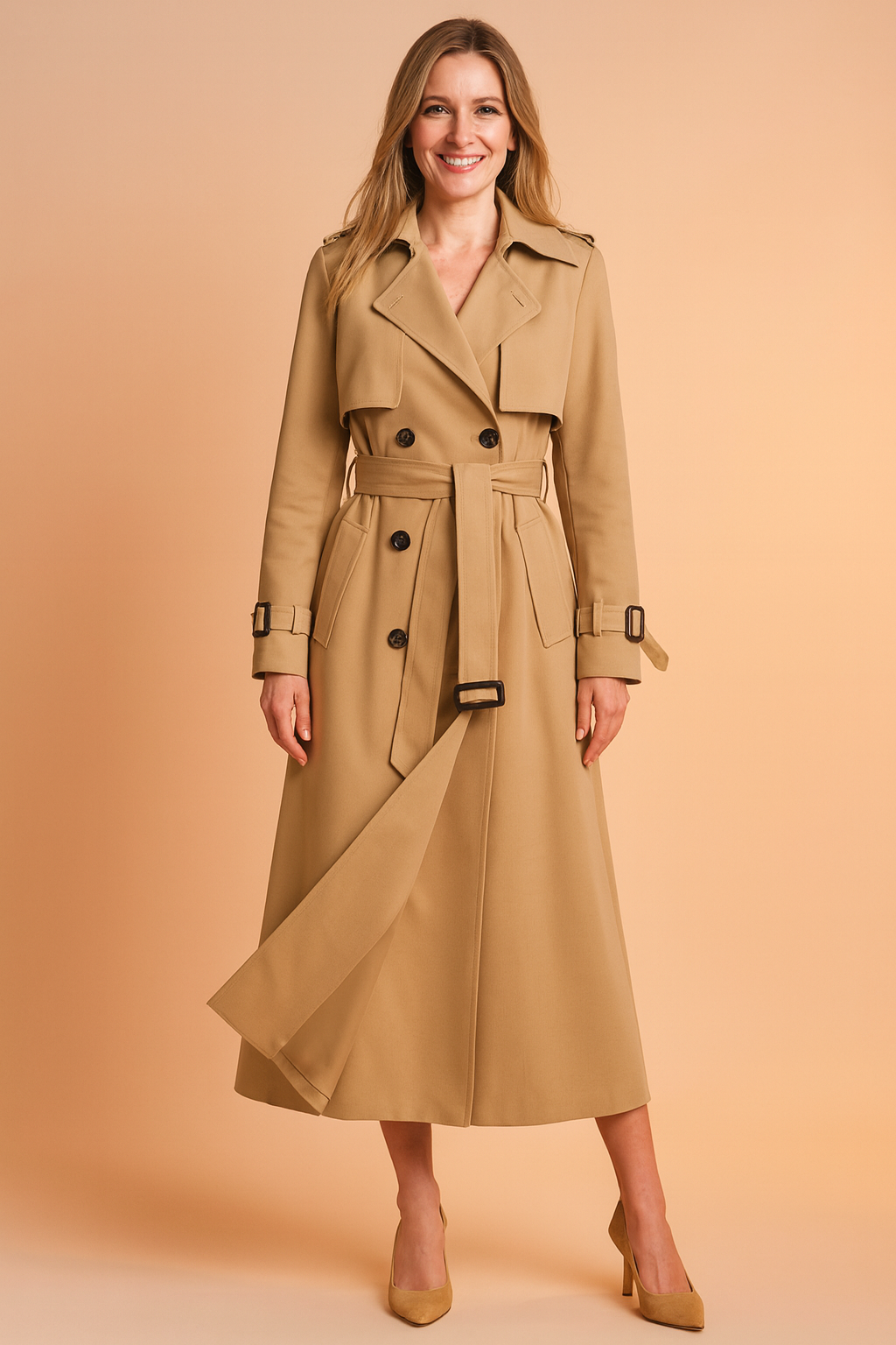 Women's trench coat, long double-breasted cut with belt, wide lapels, epaulettes and buckled cuffs, for office and weeke
