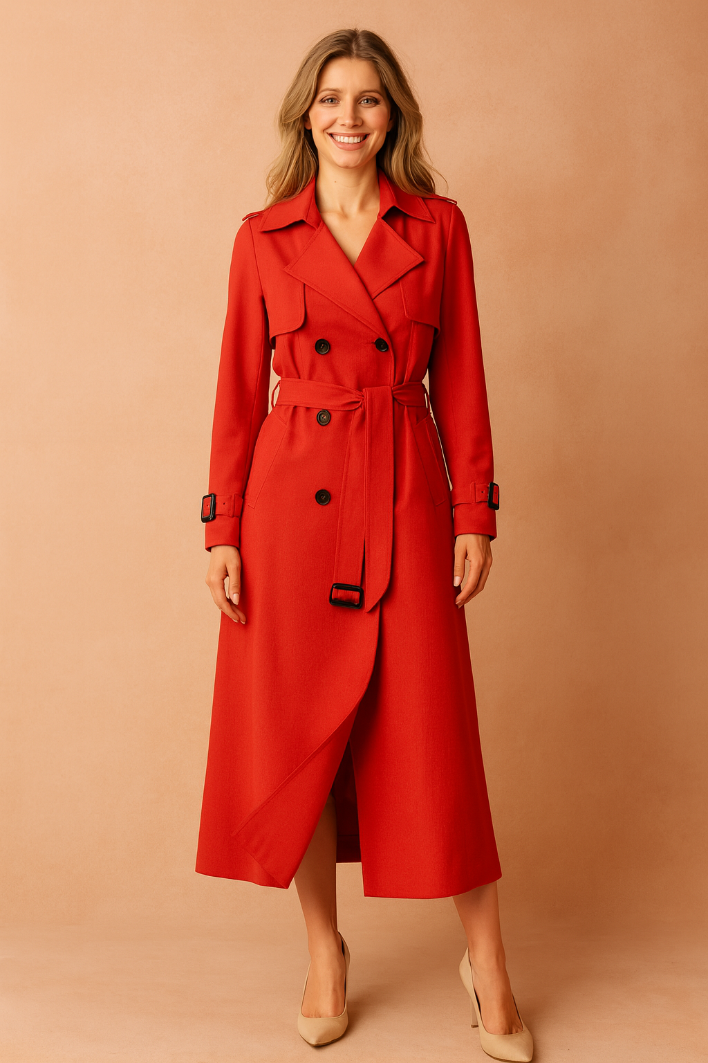 Women's trench coat, long double-breasted cut with belt, wide lapels, epaulettes and buckled cuffs, for office and weeke
