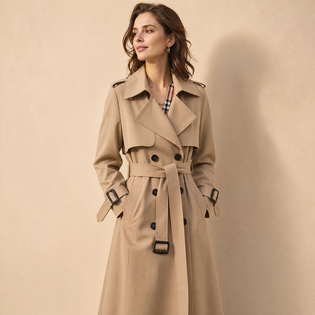 Women's trench coat, long double-breasted with belt, epaulettes and check lining, classic trench in 6 colors, sizes XS t