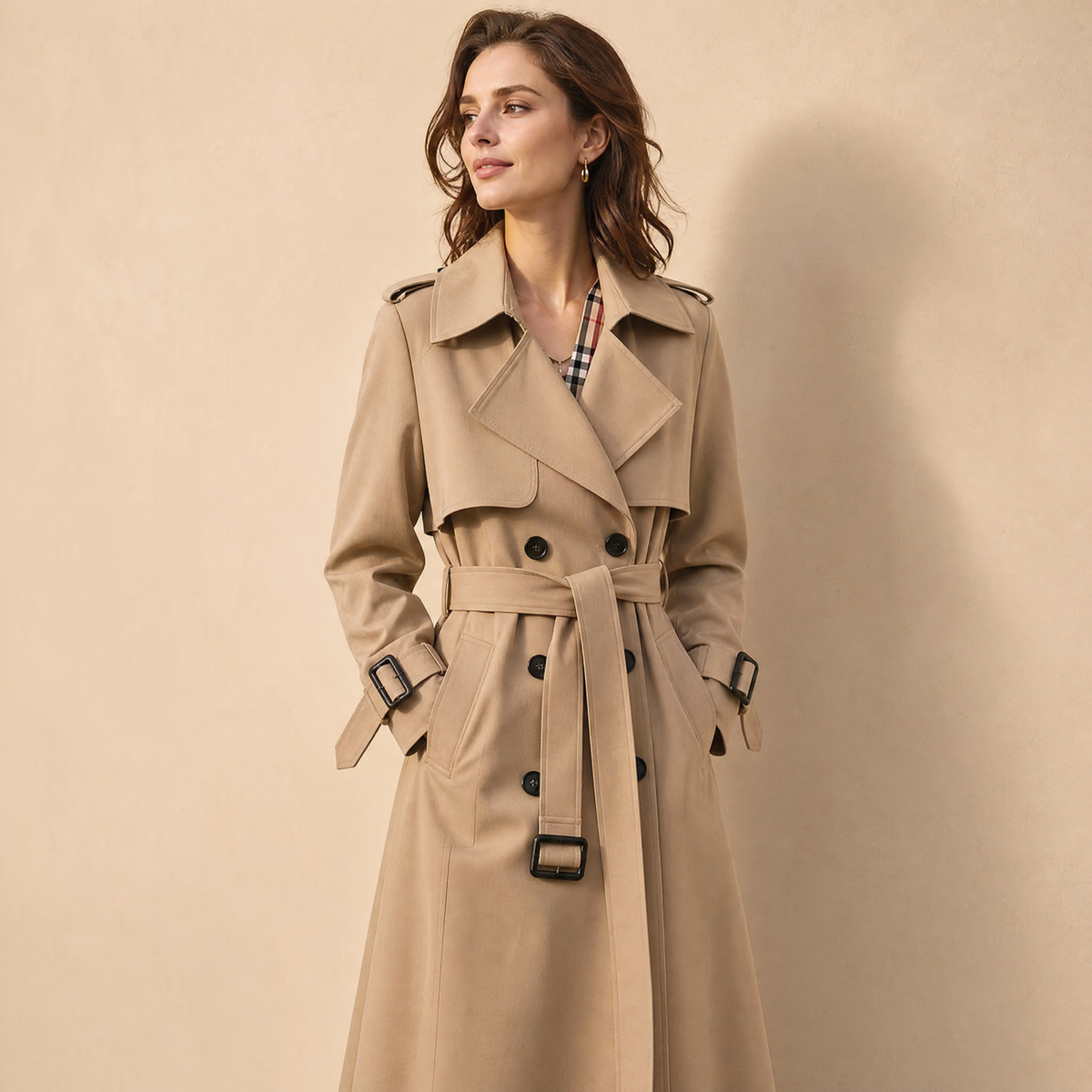 Women's trench coat, long double-breasted with belt, epaulettes and check lining, classic trench in 6 colors, sizes XS t