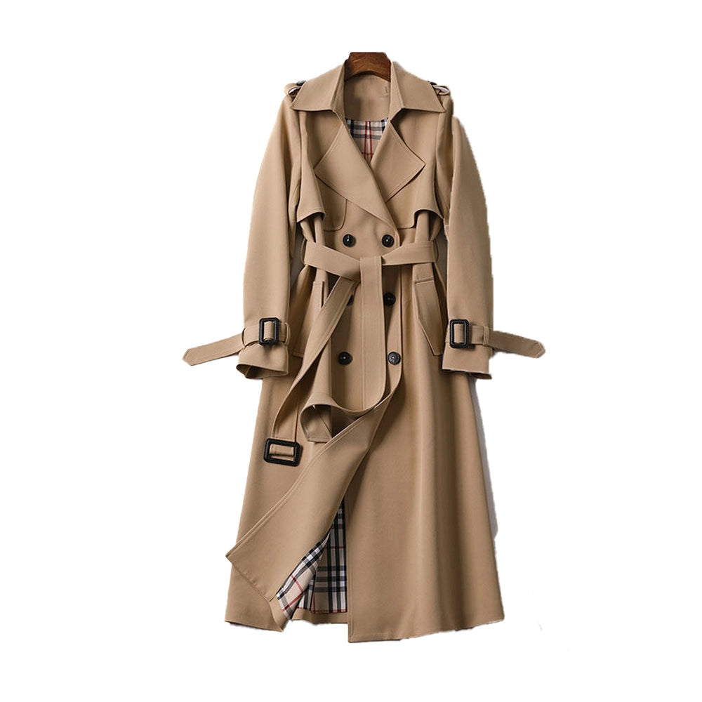 Women's trench coat, long double-breasted with belt, epaulettes and check lining, classic trench in 6 colors, sizes XS t