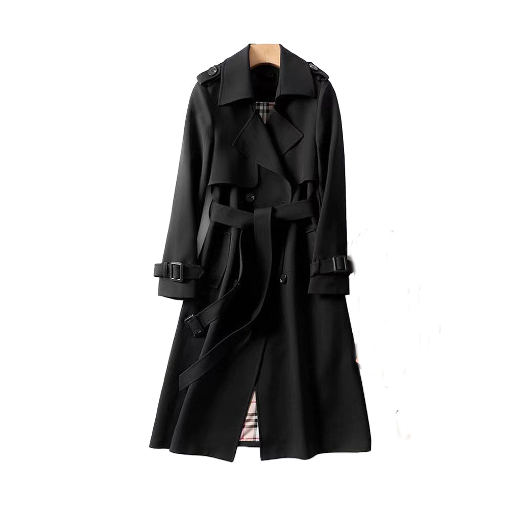 Women's trench coat, long double-breasted with belt, epaulettes and check lining, classic trench in 6 colors, sizes XS t