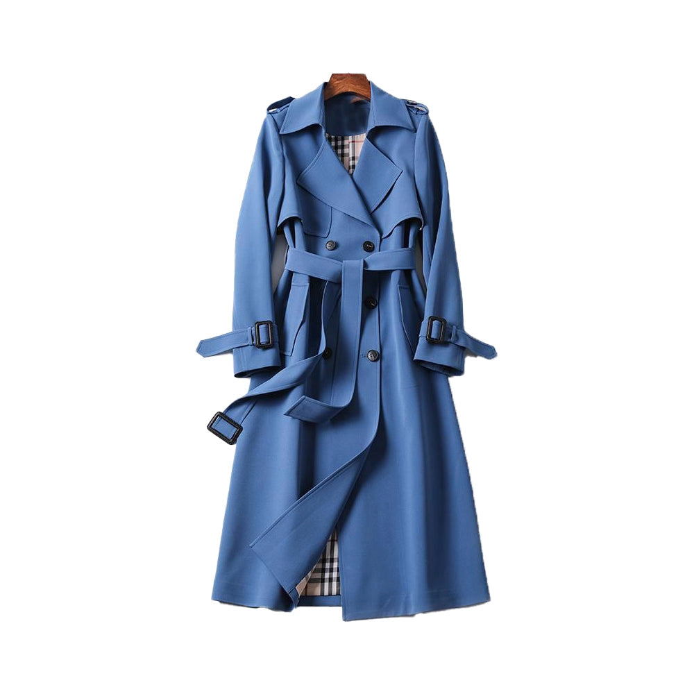 Women's trench coat, long double-breasted with belt, epaulettes and check lining, classic trench in 6 colors, sizes XS t