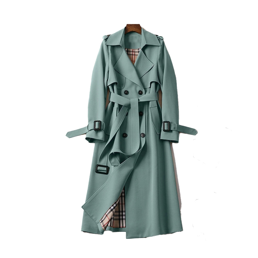 Women's trench coat, long double-breasted with belt, epaulettes and check lining, classic trench in 6 colors, sizes XS t