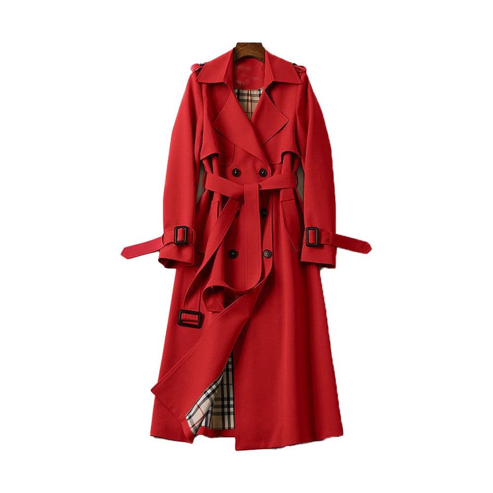 Women's trench coat, long double-breasted with belt, epaulettes and check lining, classic trench in 6 colors, sizes XS t