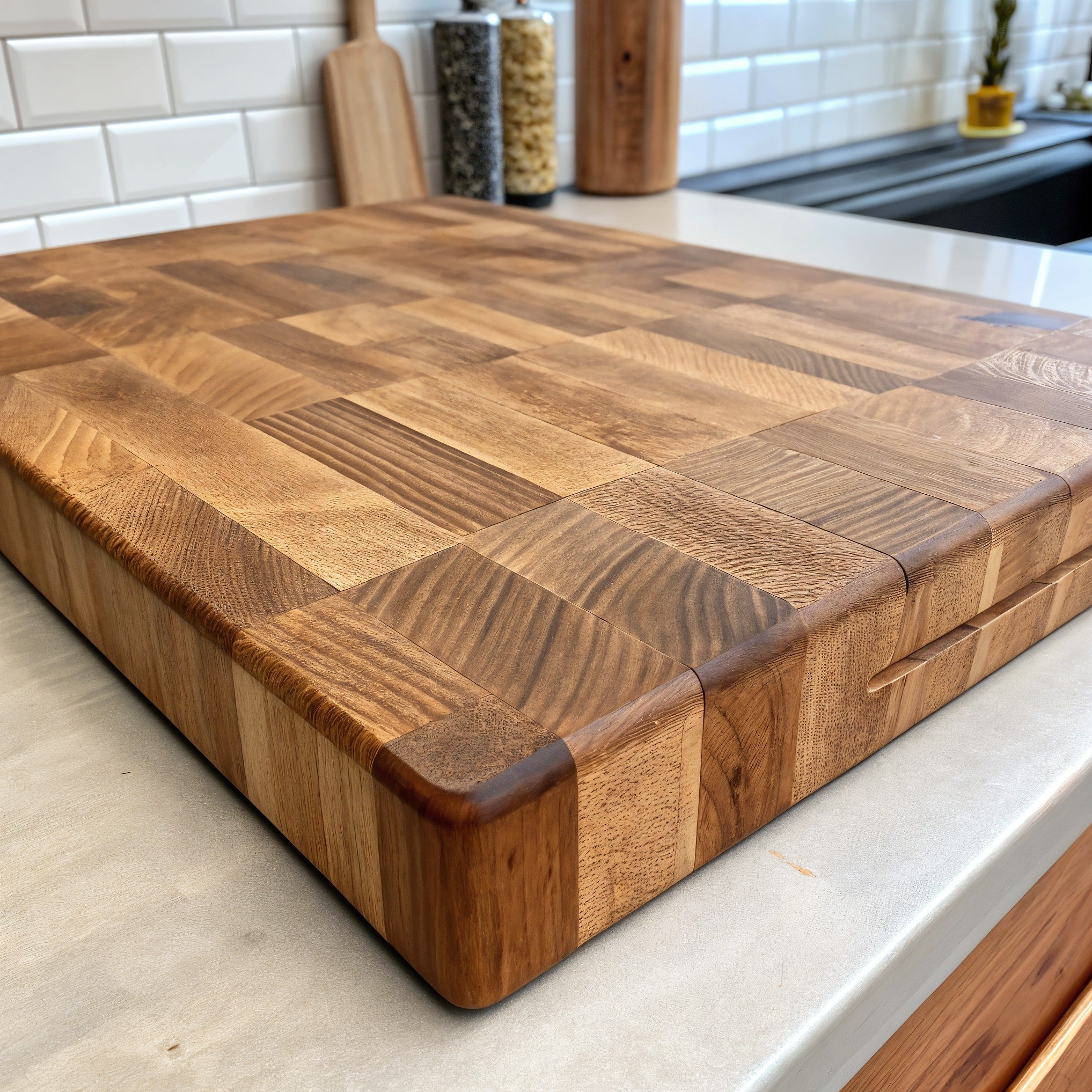 Shopaverly Oak Premium Butcher Block — three-quarter angled view showing full top face and front edge