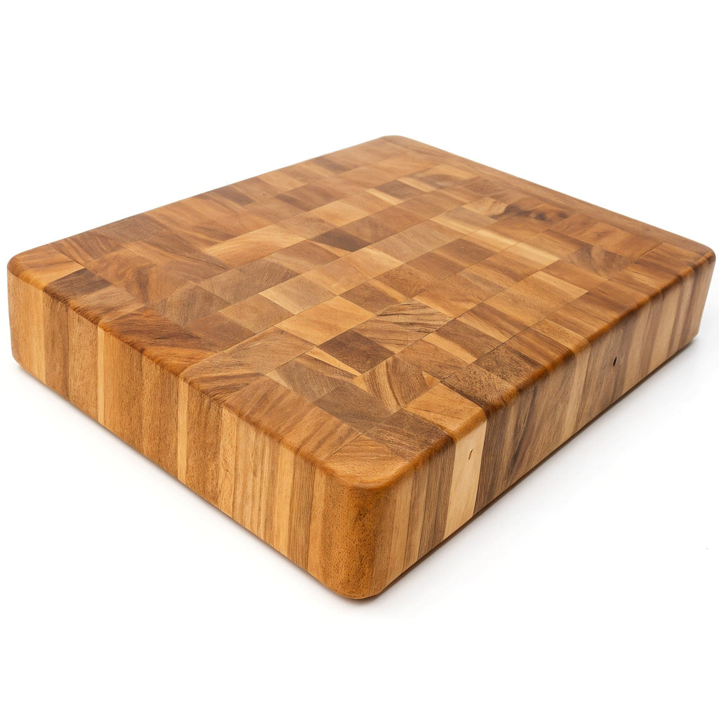 Shopaverly Teak Small Butcher Block — three-quarter angled view showing full top face and edge thickness