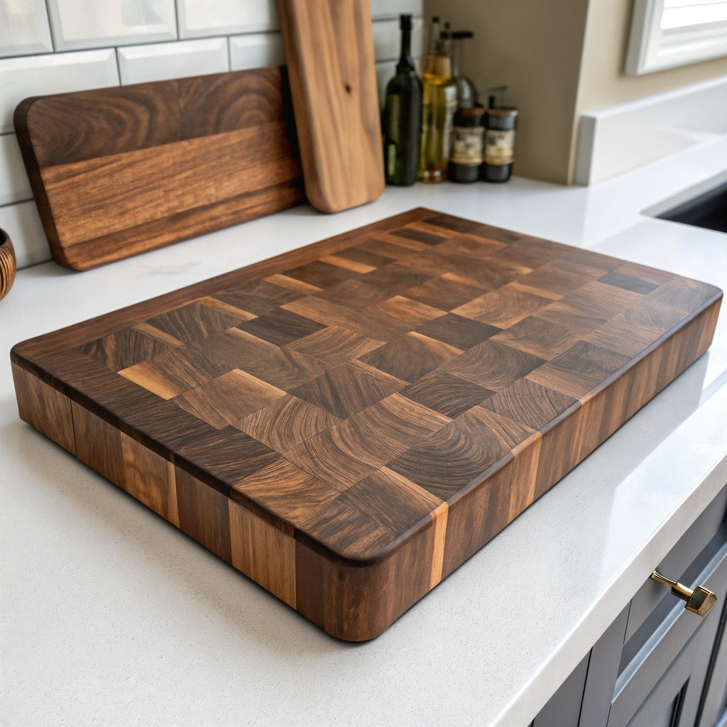 Shopaverly Walnut Premium Butcher Block — three-quarter angled view showing top face and front edge thickness